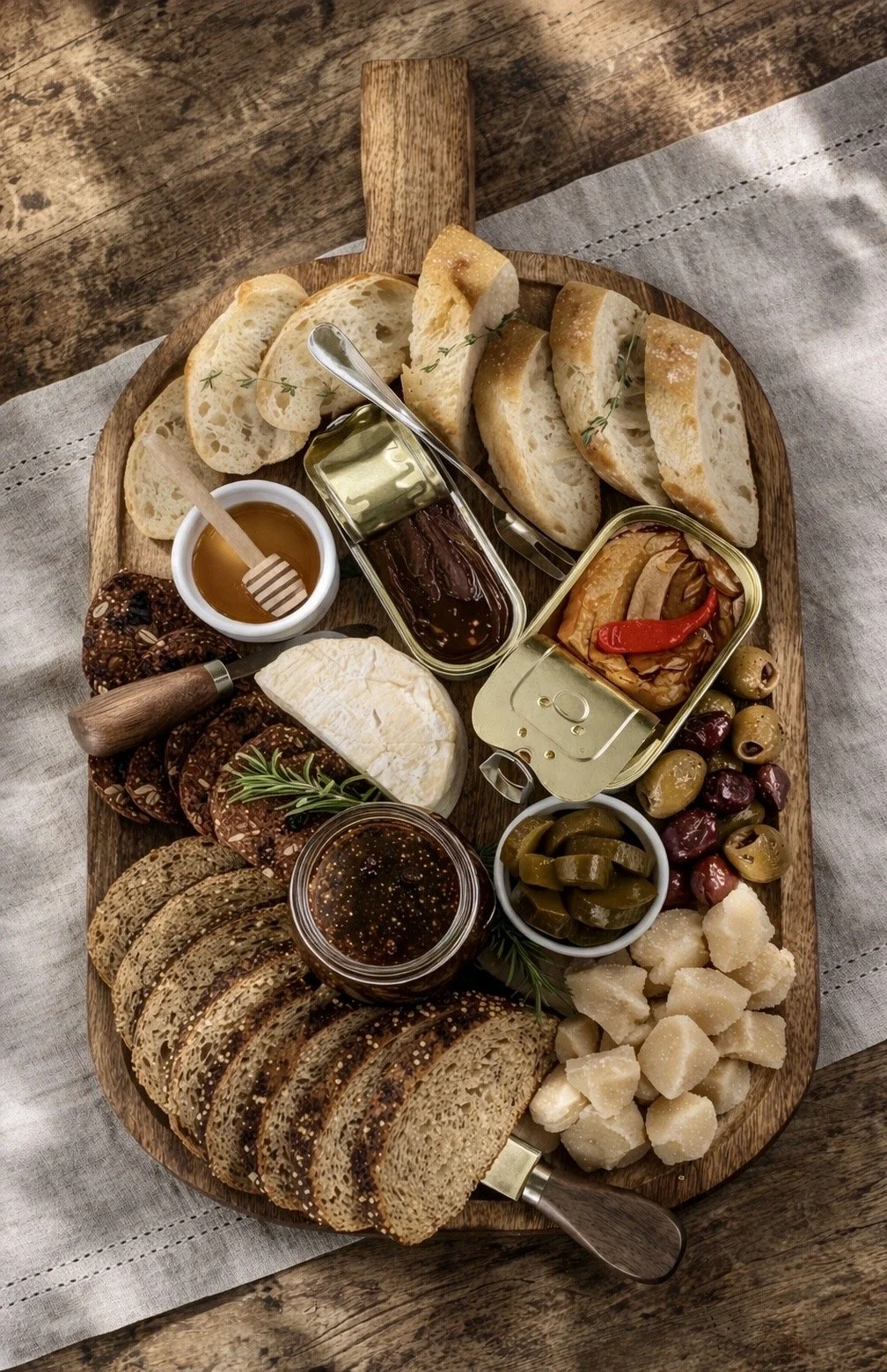 Cheese, bread, and condiment platter with honey, fig jam, olives, and dried fruits on a wooden board.