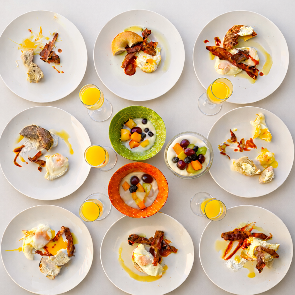 Overhead view of multiple plates with partially eaten desserts, cups of orange juice, and bowls of fresh fruit salad on a white table.