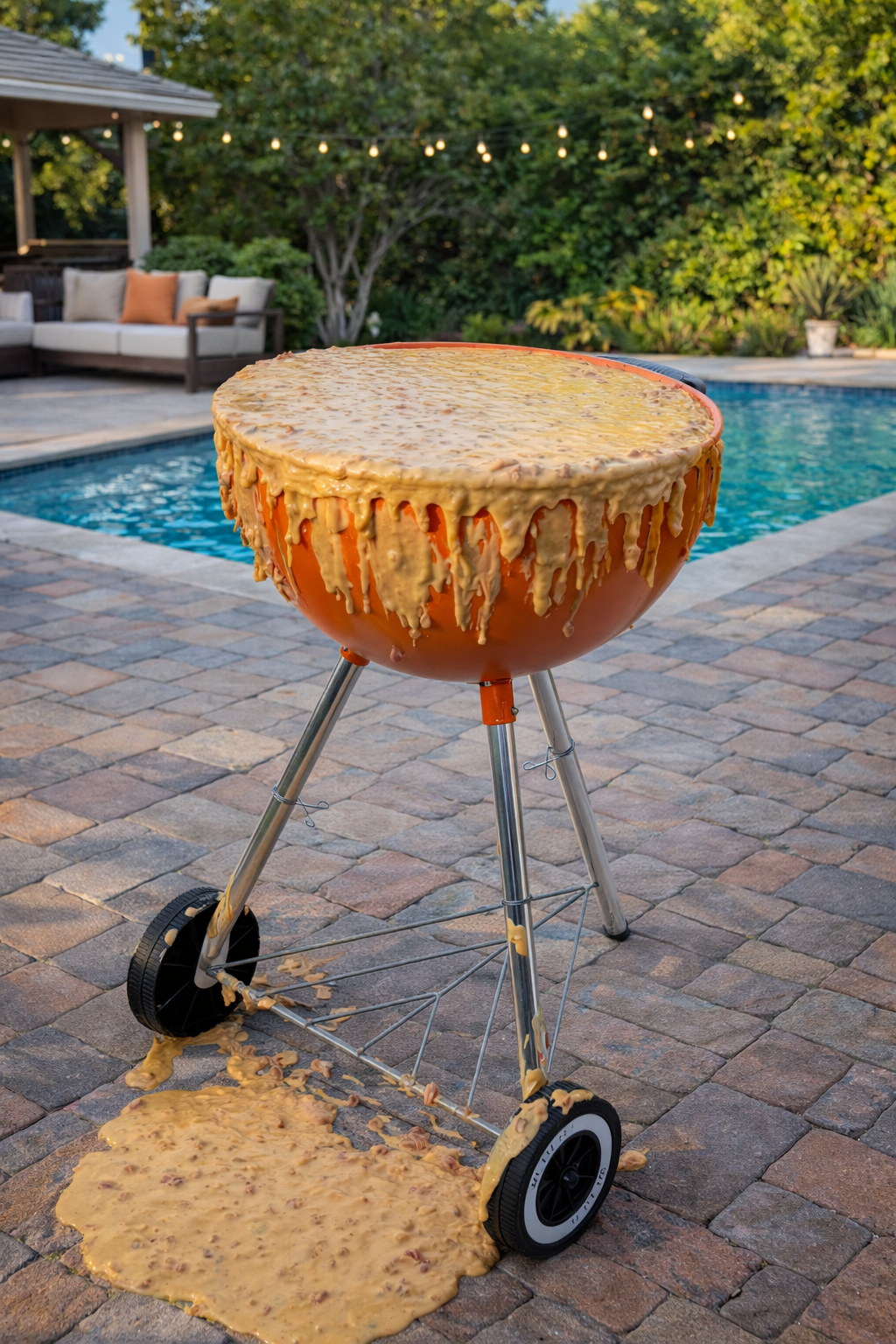 A barbecue smoker filled with baked cheese that has spilled over onto the ground, set near a swimming pool and outdoor furniture on a patio.
