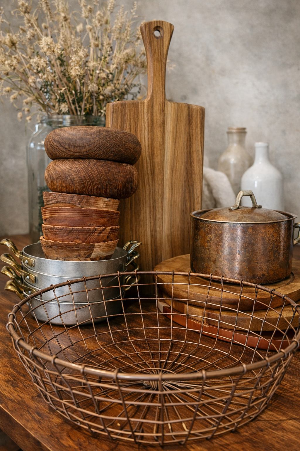 A rustic kitchen countertop with wooden cutting boards, a stack of dark and light wooden bowls, a metal bowl, a rusted metal pot, a wire basket, and glass bottles, with a vase of dried flowers in the background.