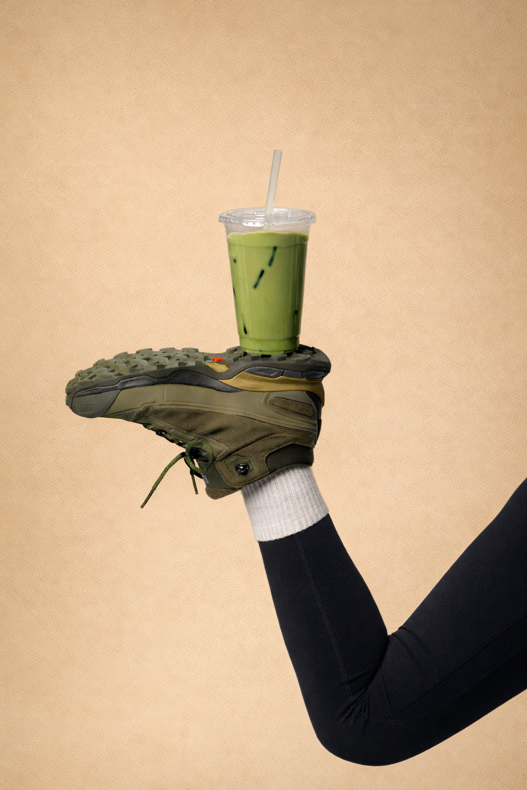 A person wearing black athletic leggings, a black jacket, and a gray sock, balancing on a hiking boot, holding a green iced matcha latte with a straw against a plain beige background.