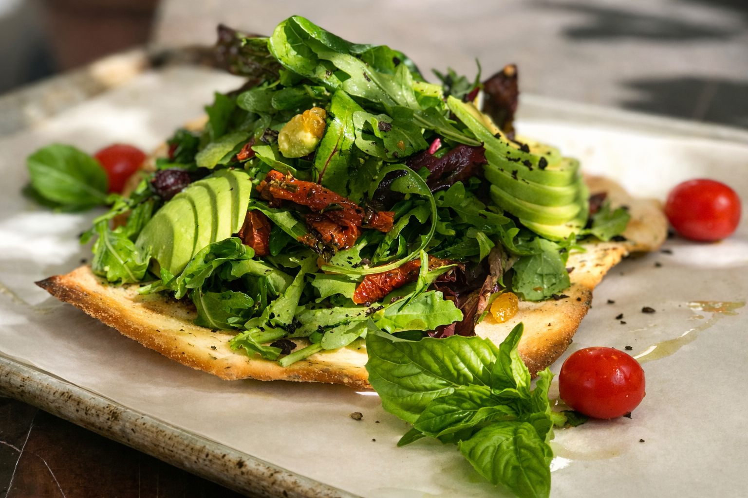 A slice of flatbread topped with mixed greens, avocado slices, sun-dried tomatoes, cherry tomatoes, and fresh herbs.