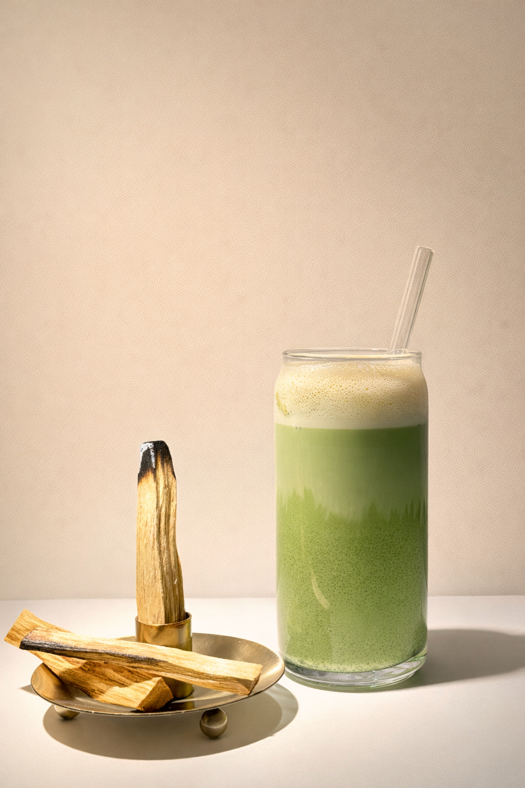 Glass of green matcha latte with foam and a glass straw, next to a small metallic dish with roasted licorice root sticks.