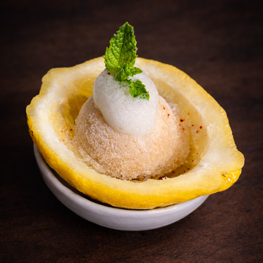 Lemon half filled with a scoop of ice cream or sorbet, garnished with whipped cream, mint leaves, and a red spice, in a small white bowl on a dark wooden surface.