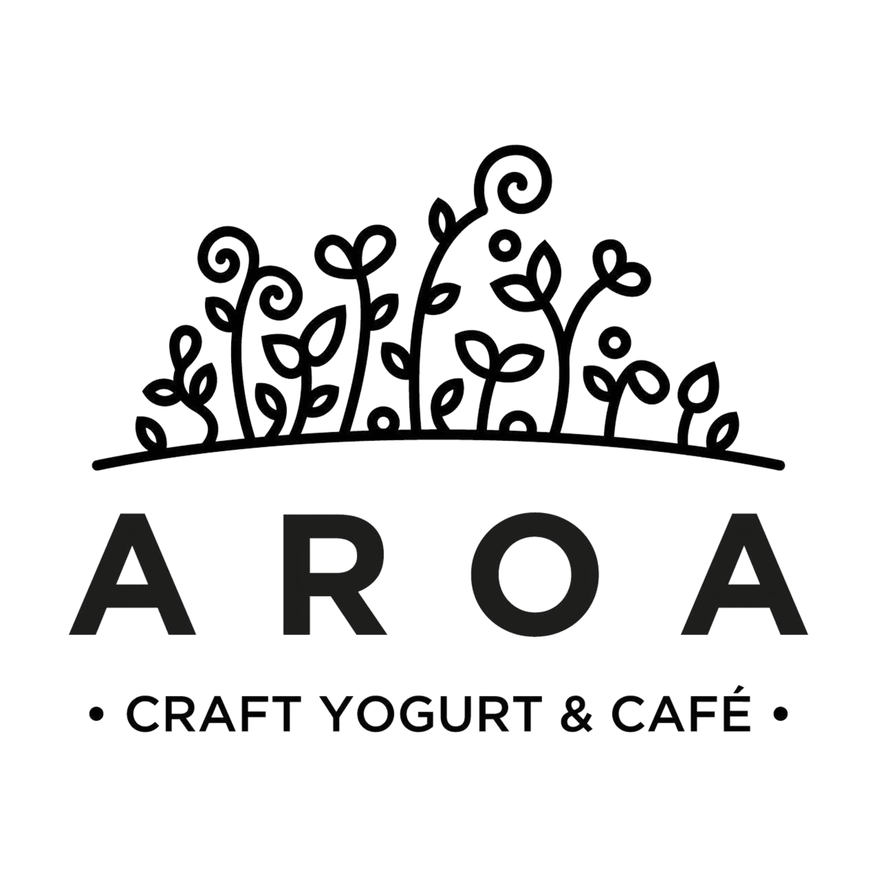 Logo for AROA Craft Yogurt & Café featuring an illustrated line drawing of plants or vines above the name.