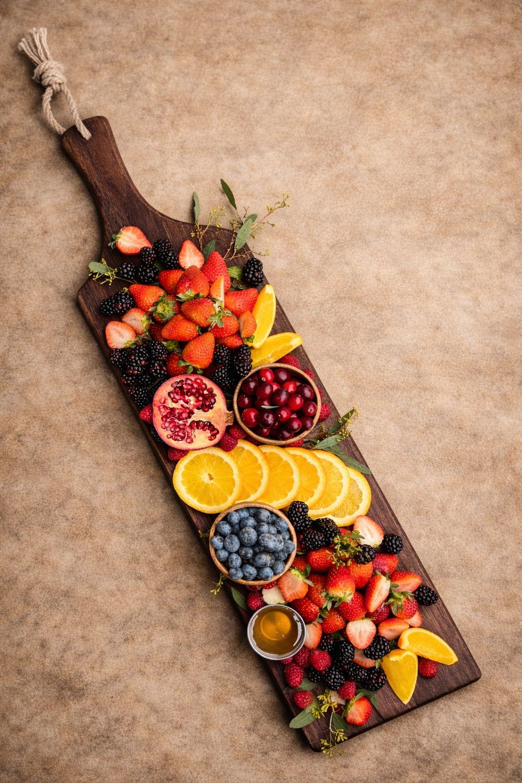 A wooden serving board with an assortment of fresh berries, citrus slices, pomegranate, and honey on a neutral background.