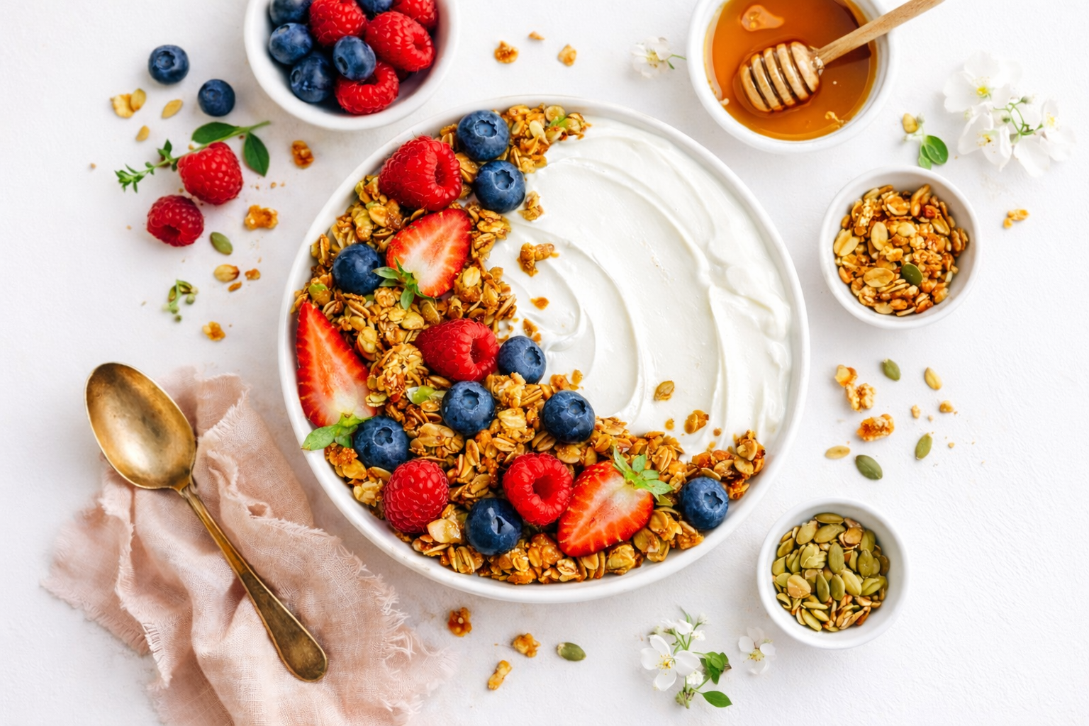 A bowl of yogurt topped with strawberries, blueberries, granola, and pumpkin seeds, with additional berries and honey around it on a white surface.