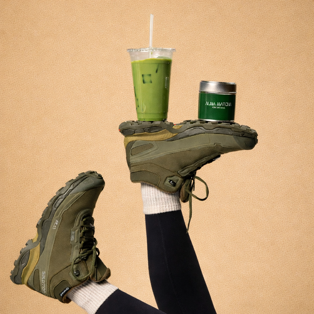 A person wearing hiking boots and white socks balancing a shoe on their foot, holding a glass of green smoothie and a small container on their shoes in front of a beige background.