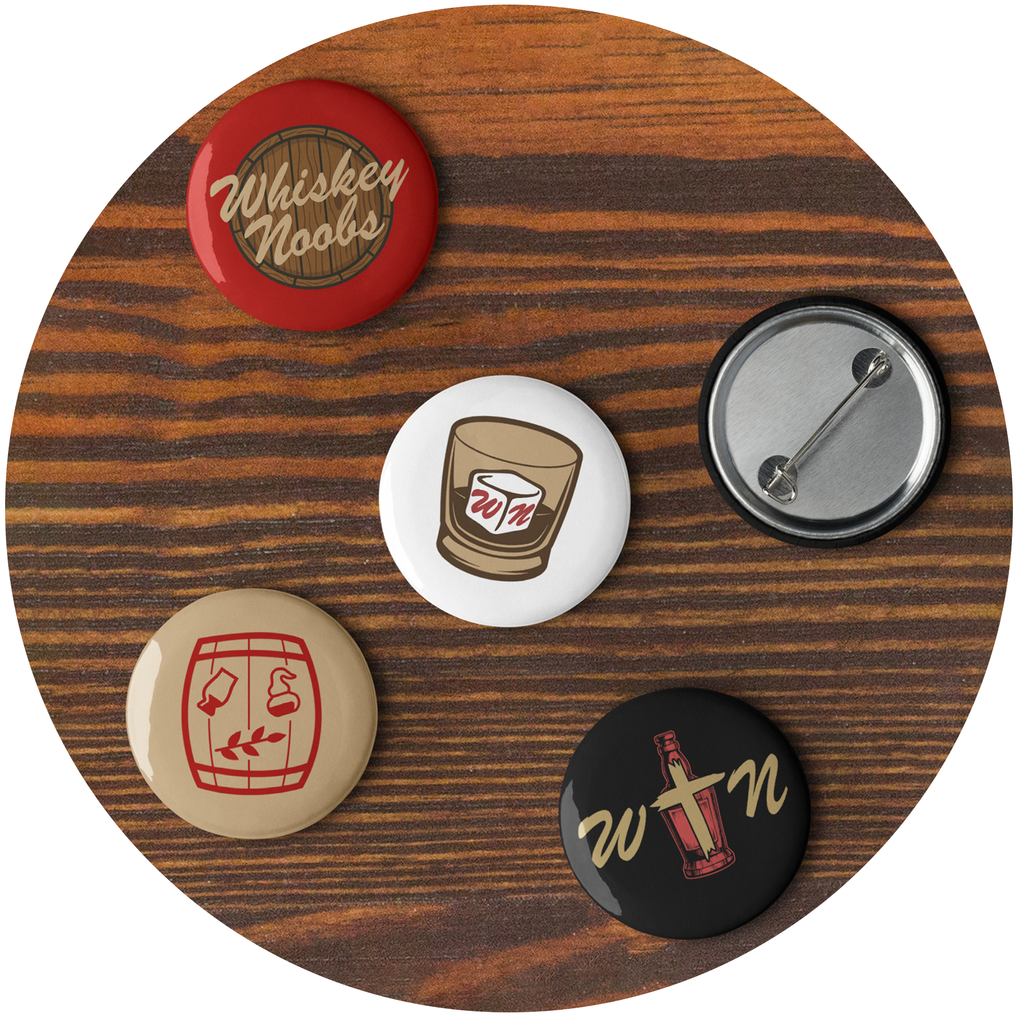 A wooden circular board holding five beer-themed pins and a metal pin back, featuring designs of whiskey, bourbon, and beer bottles and glasses.