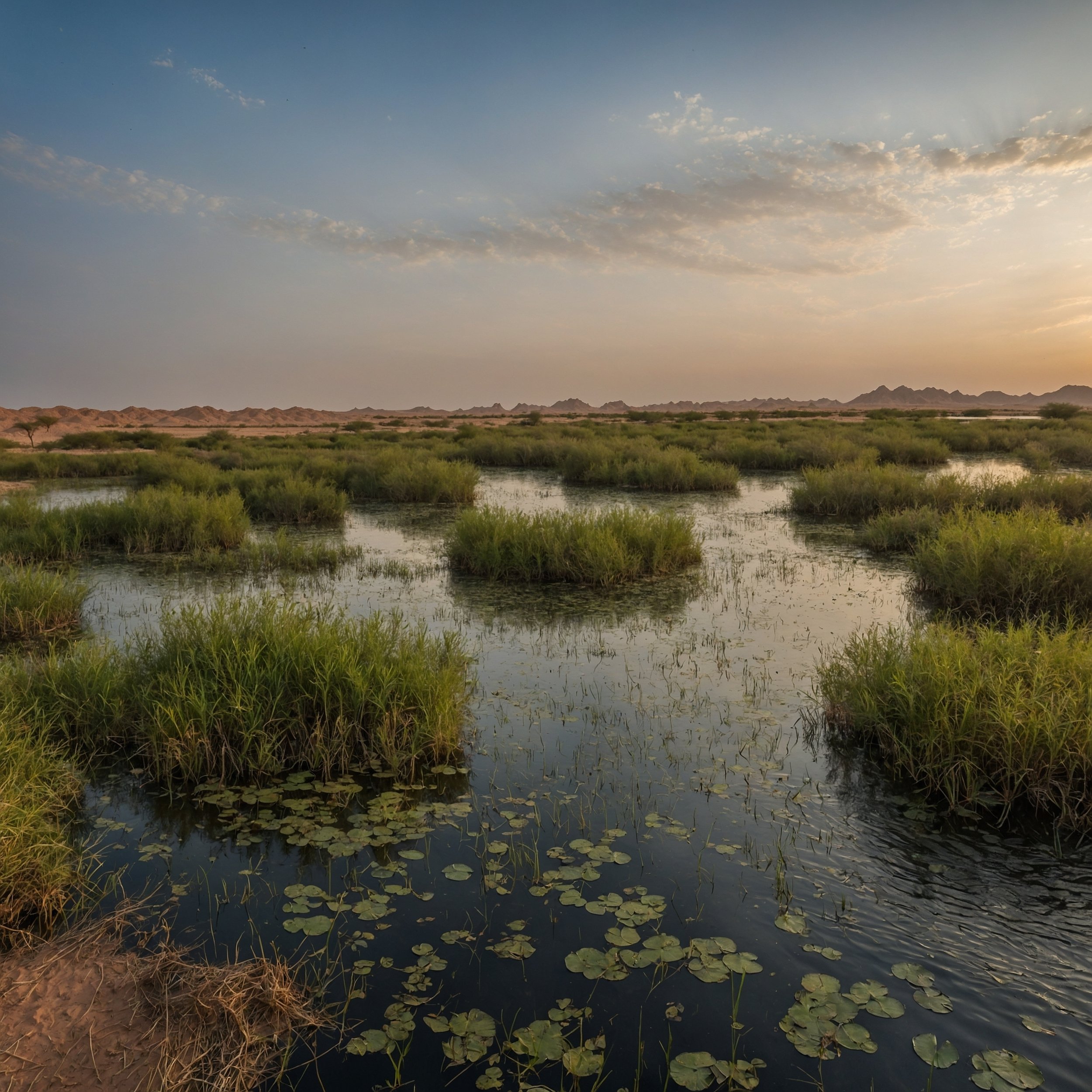 A wetland landscape at sunset with green bushes growing in water and a mountain range in the background.