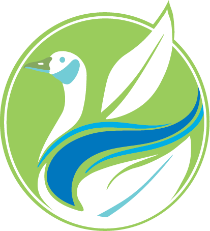 A stylized illustration of a swan with flowing water integrated into its design, set against a green circular background.