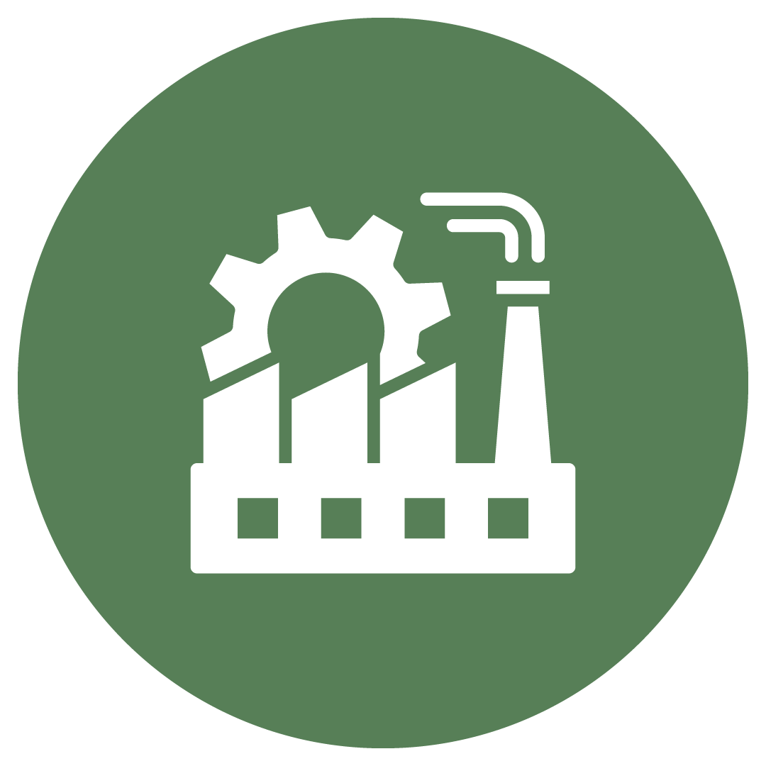 Icon of factory with a gear and chimney on a green circular background.