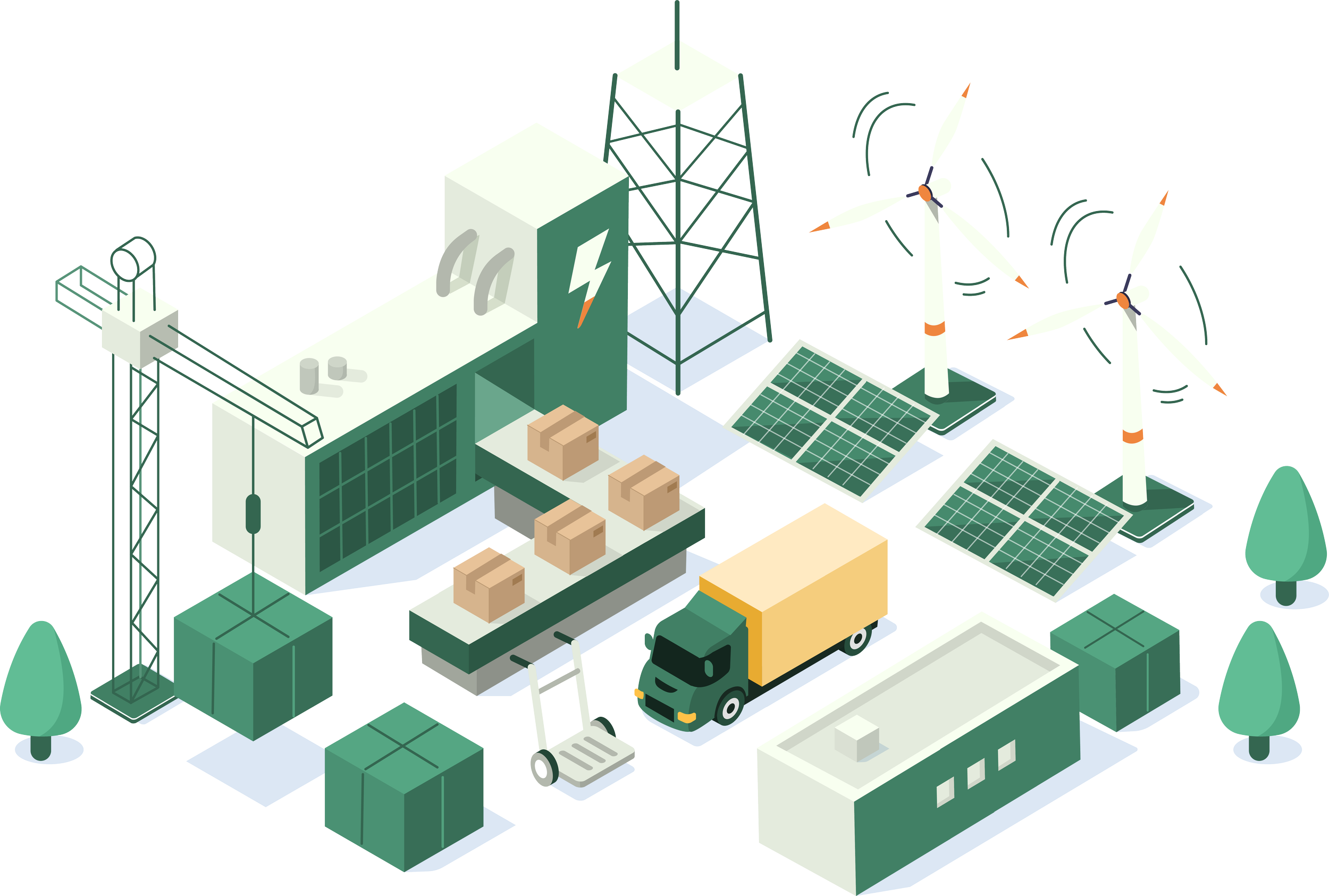 Illustration of an eco-friendly warehouse with solar panels, wind turbines, and a green delivery truck surrounded by trees.