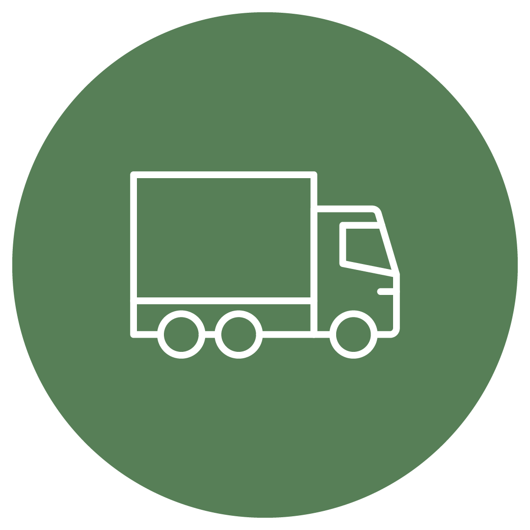 Icon of a delivery truck on a dark green circular background.