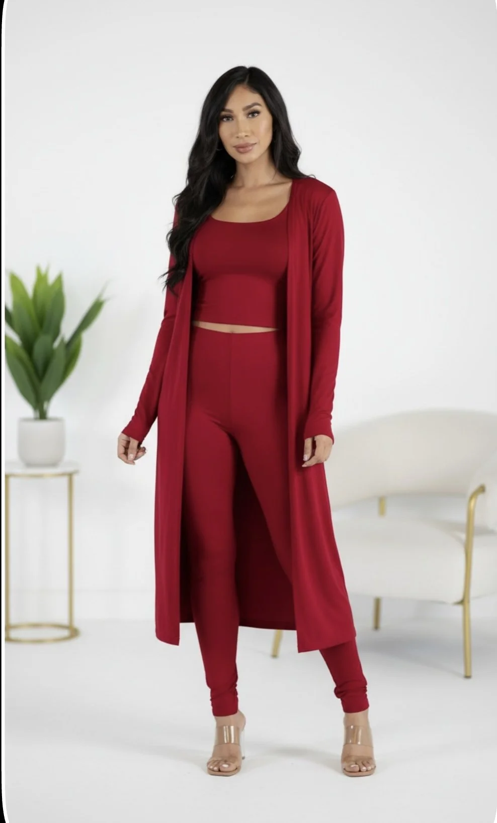3 PC Pants, Top & Duster Set (Red)