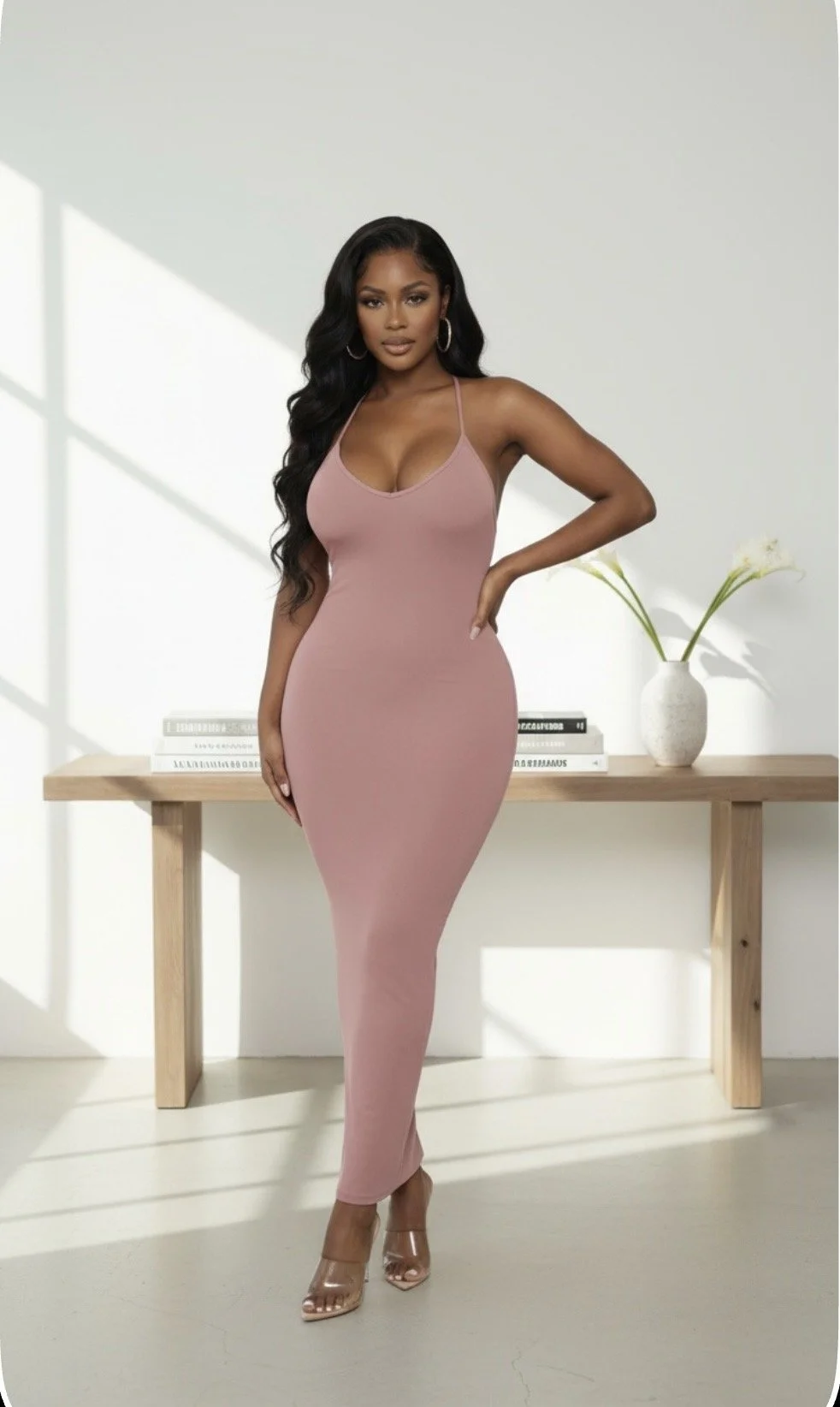 Solid Ribbed Spaghetti Strap Maxi Dress