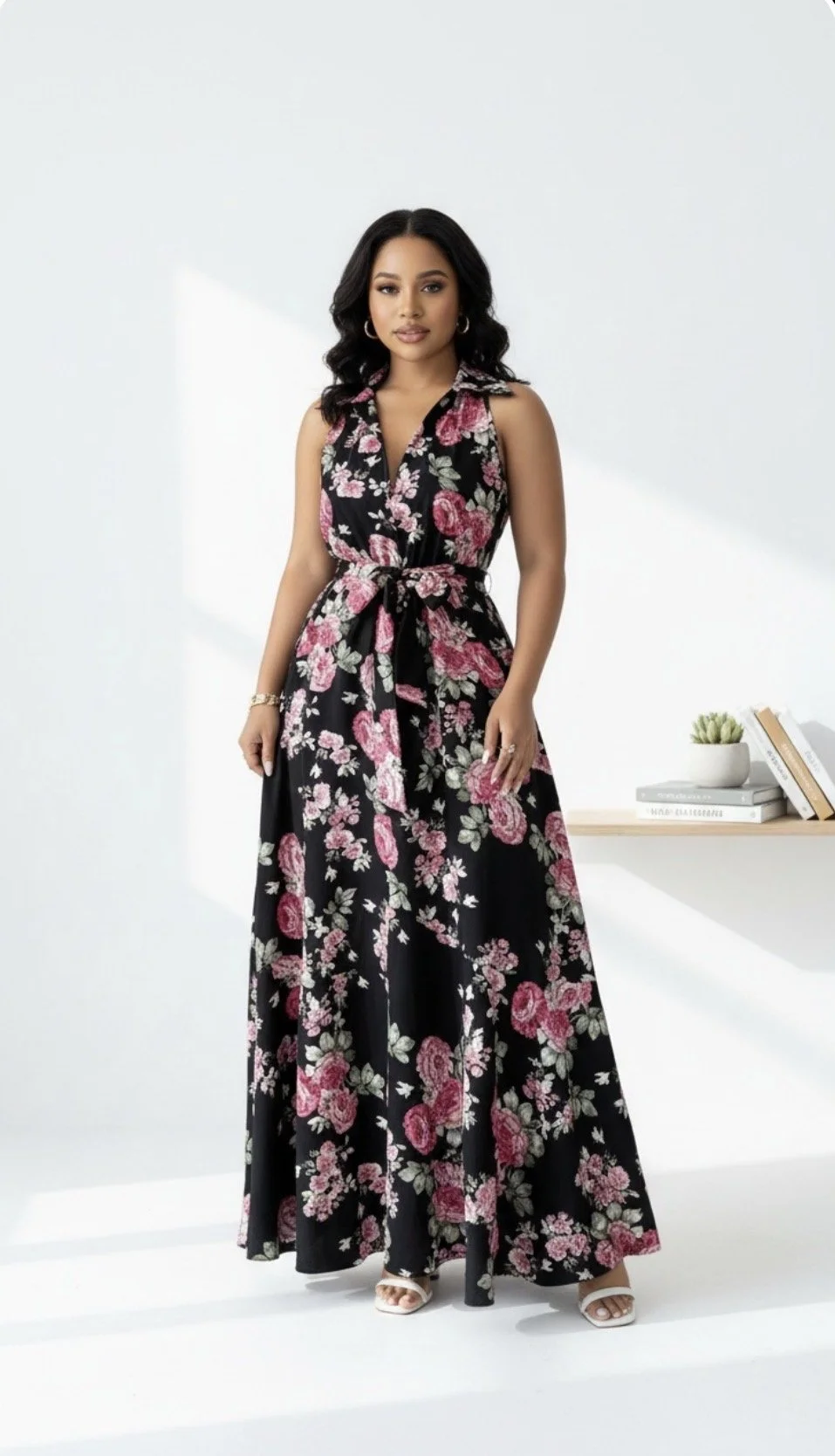 Black Floral Collared Sleeveless Maxi Dress