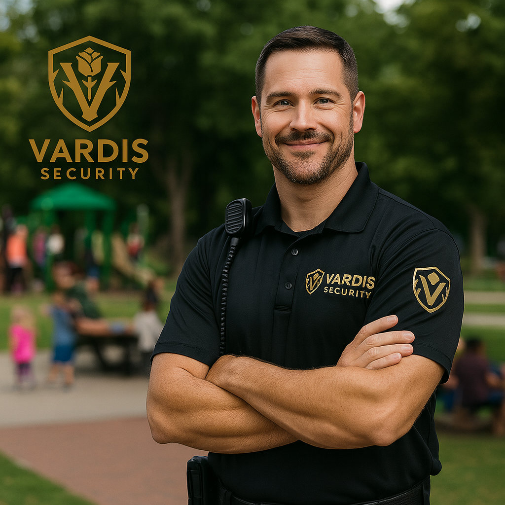 A smiling security guard in a black uniform with VARDIS SECURITY logos on the polo shirt and a patch on the sleeve. He is standing outdoors with arms crossed, in a park with children and adults in the background.