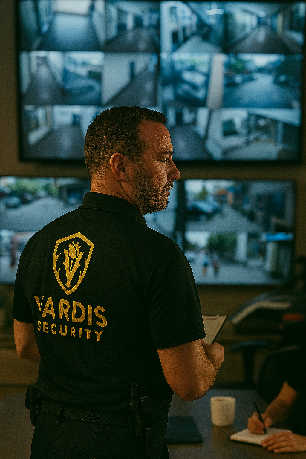 A security guard with a YARDIS SECURITY shirt standing indoors, looking at a tablet device, with multiple surveillance monitors showing various views in the background.