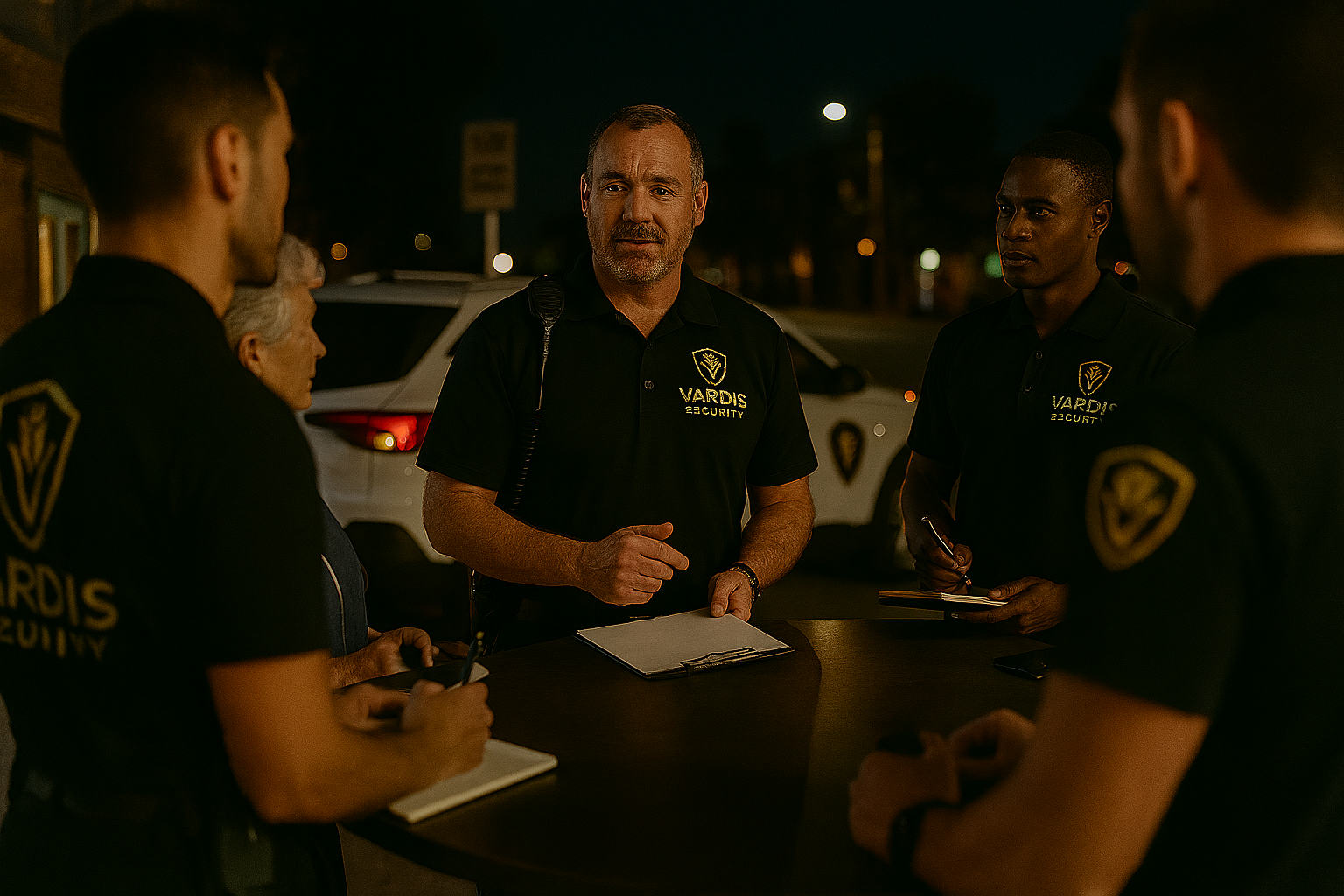 Security team members in black uniforms with 'VARDIS SECURITY' patches, having a nighttime discussion outdoors, with a police vehicle in the background.