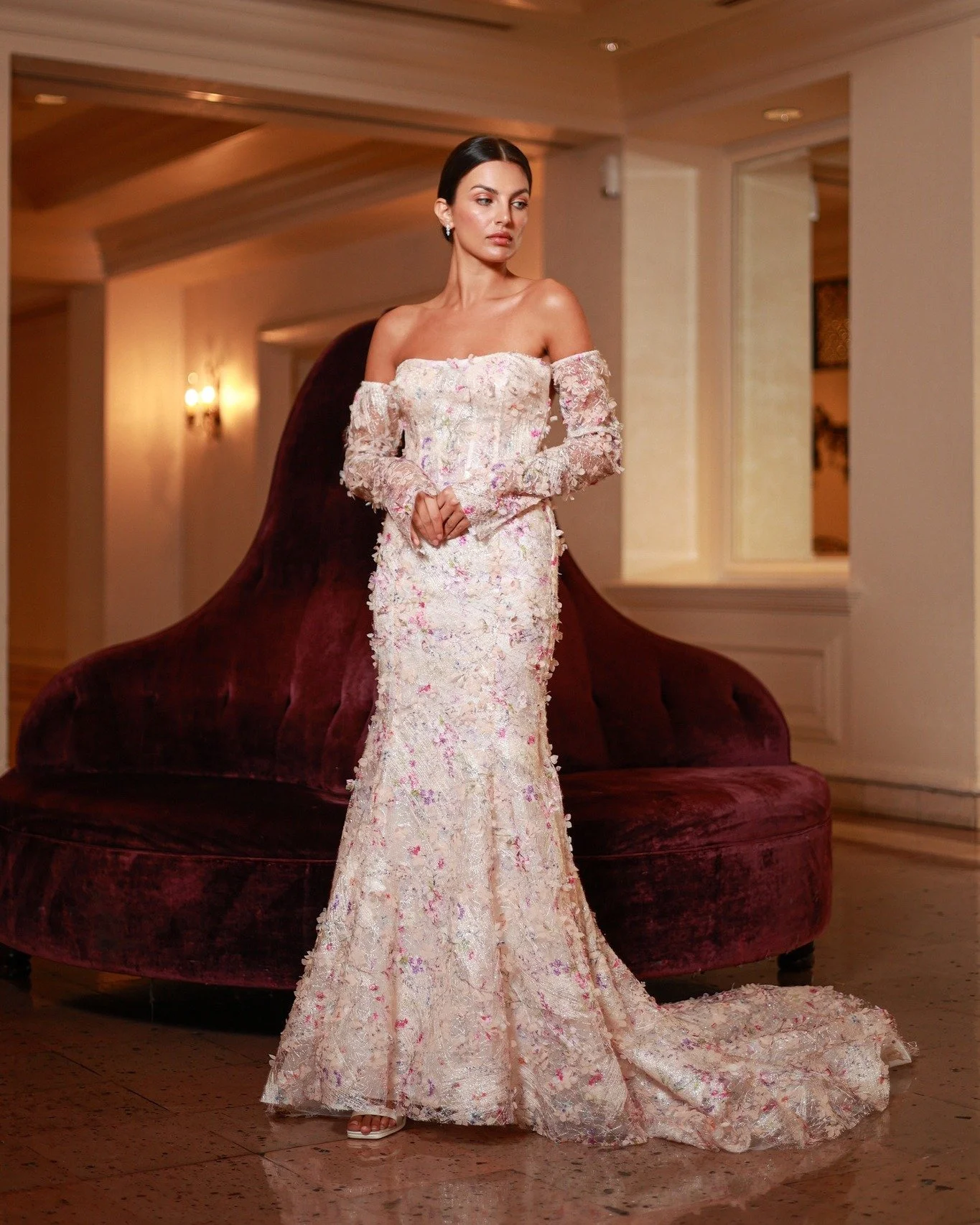 Evangeline.

Softly sculpted and intricately adorned, Evangeline captures the poetry of couture through delicate floral texture, luminous detail, and a train that leaves a lasting impression.

For the bride who wears romance with intention.

#bridalf