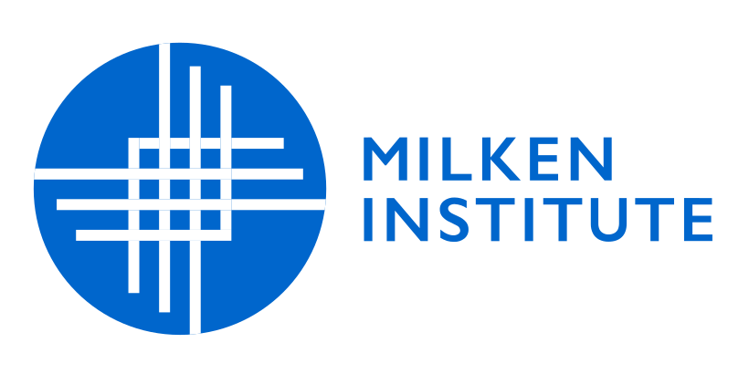 Milken Institute logo featuring a blue circle with white horizontal and vertical lines, and the text 'Milken Institute' in blue on the right.