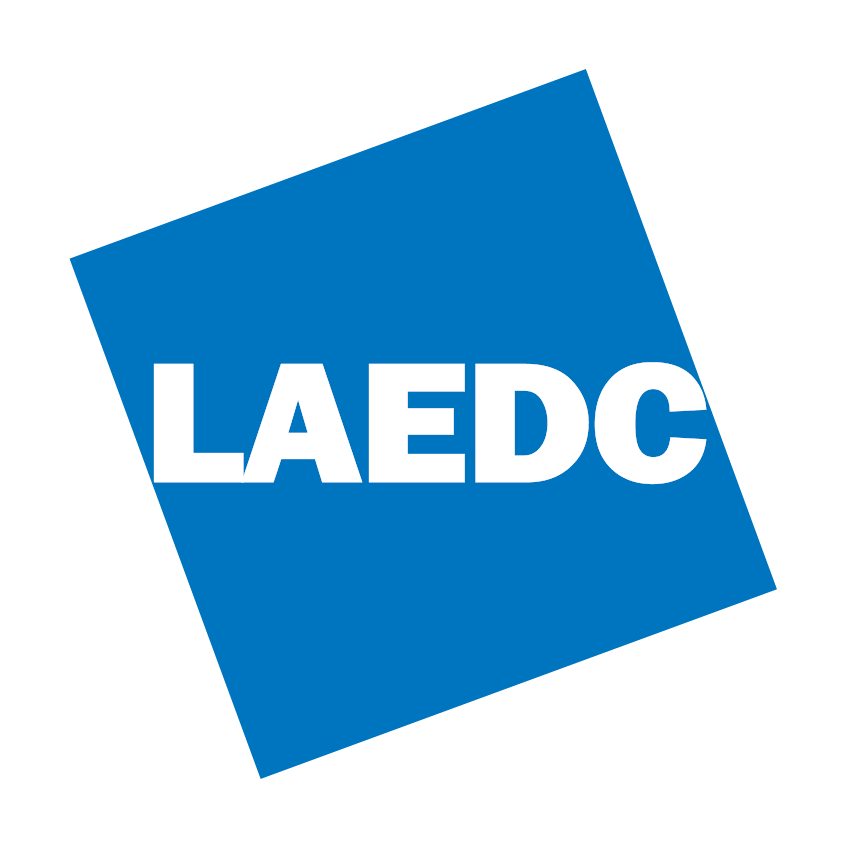 LAEDC logo with white text on a tilted blue square background.