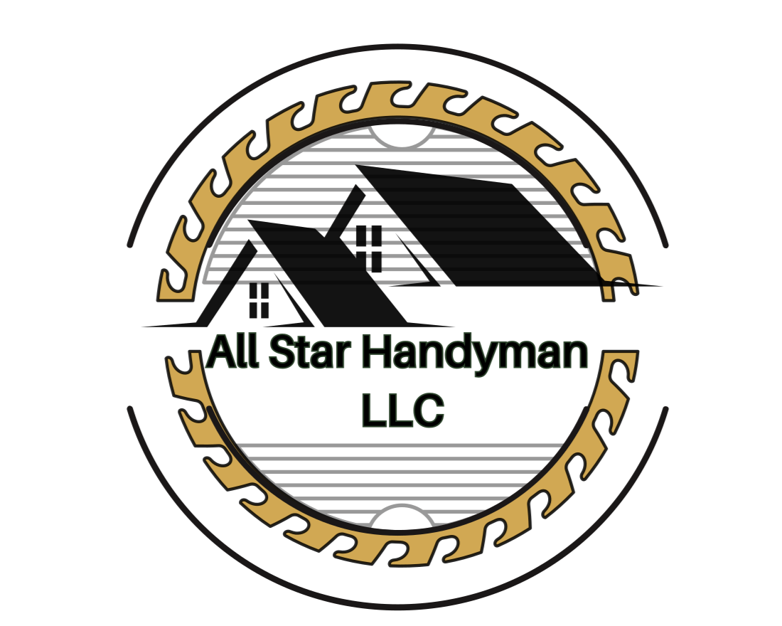Logo for All Star Handyman LLC with black background, circular design, gold gear-like border, green text.