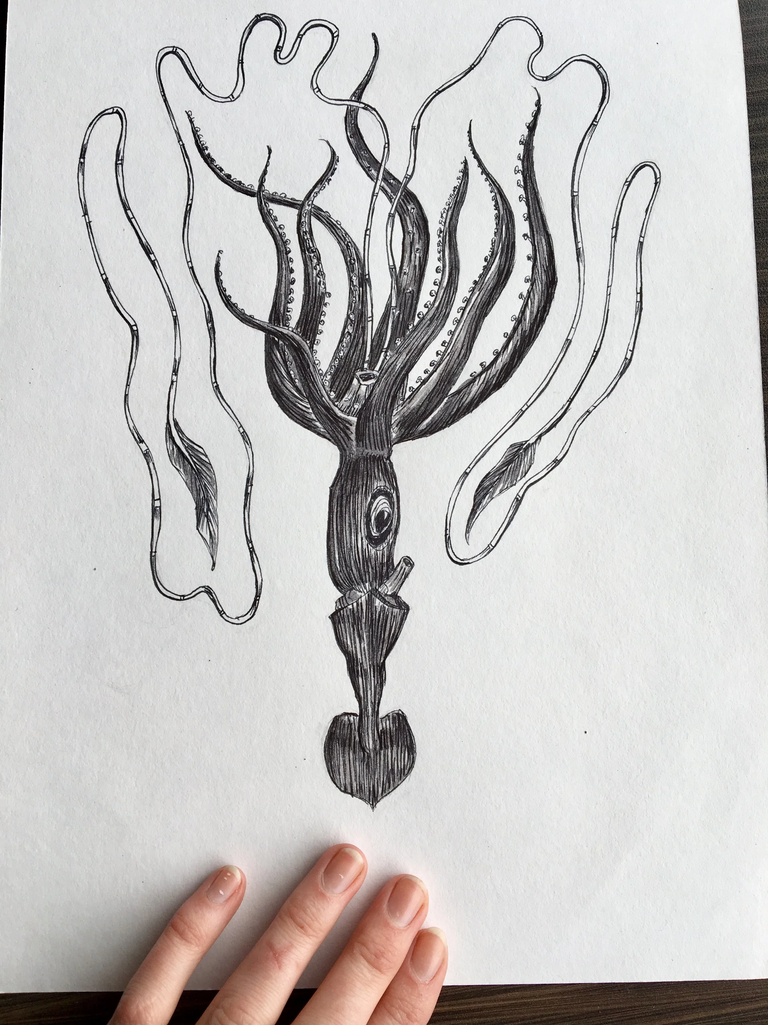 A black and white ink drawing of a whale with multiple tentacles emerging from its back, resembling an octopus. The whale's body is stylized with detailed lines, and the tentacles are flowing upwards and outwards.