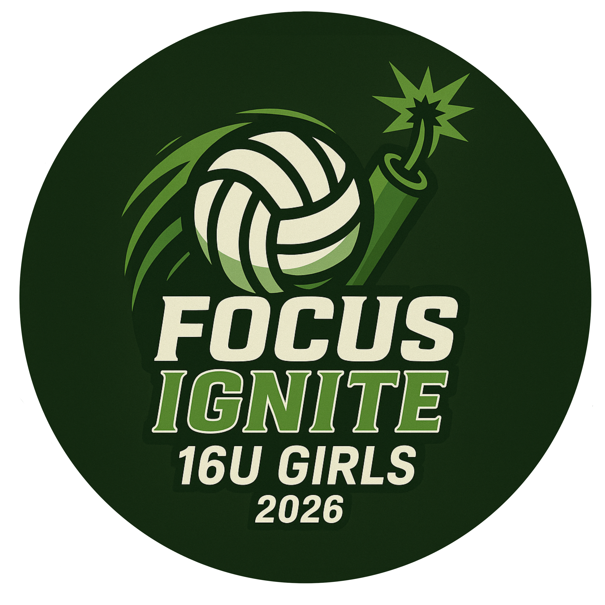 A logo with a volleyball, a lit fuse, and the text 'Focus Ignite 16U Girls 2026' on a dark green background.