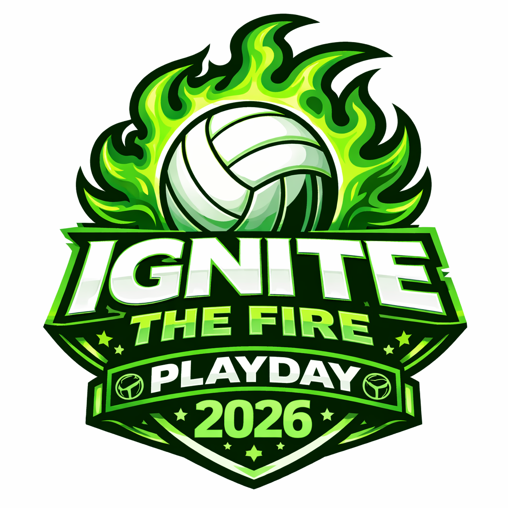 Logo for Ignite the Fire Playday 2026 featuring a volleyball with green flames and bold green text.