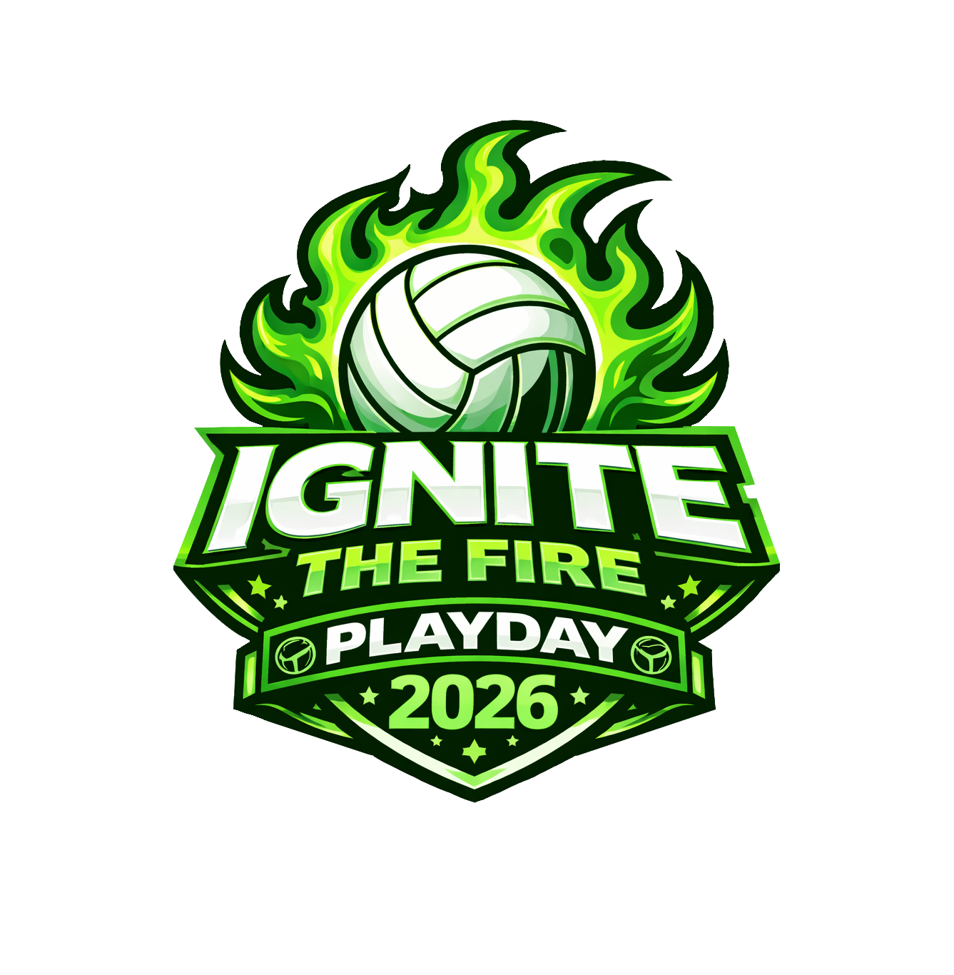 Logo for Ignite the Fire Playday 2026 featuring a volleyball surrounded by green flames with event details
