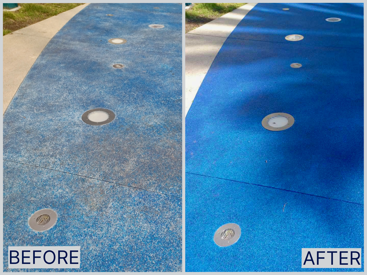 Comparison of a sidewalk surface before and after cleaning or resurfacing, with embedded lights. The 'before' side has a faded, speckled blue surface, while the 'after' side has a vibrant, solid blue surface.