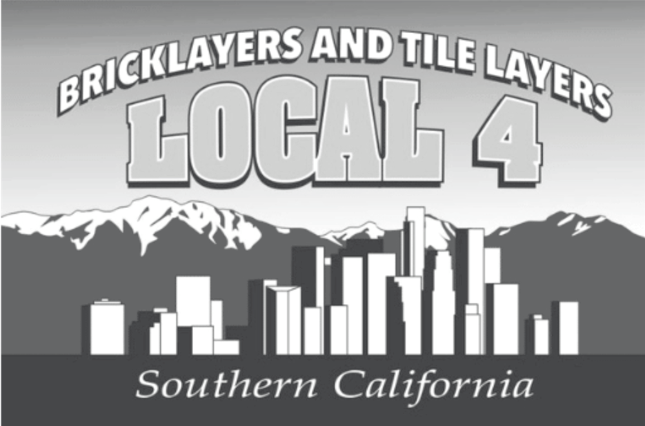 Black and white graphic showing a city skyline with mountains in the background and text that reads 'Bricklayers and Tile Layers Local 4 Southern California'.