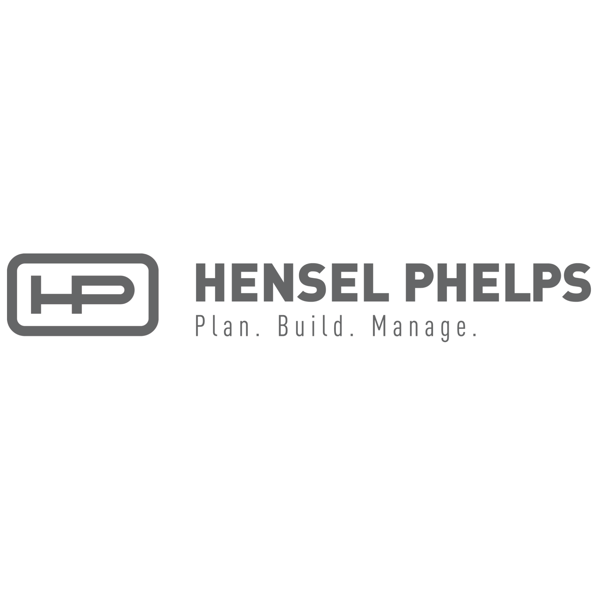 Hensel Phelps logo with the slogan "Plan. Build. Manage." in gray on a black background.