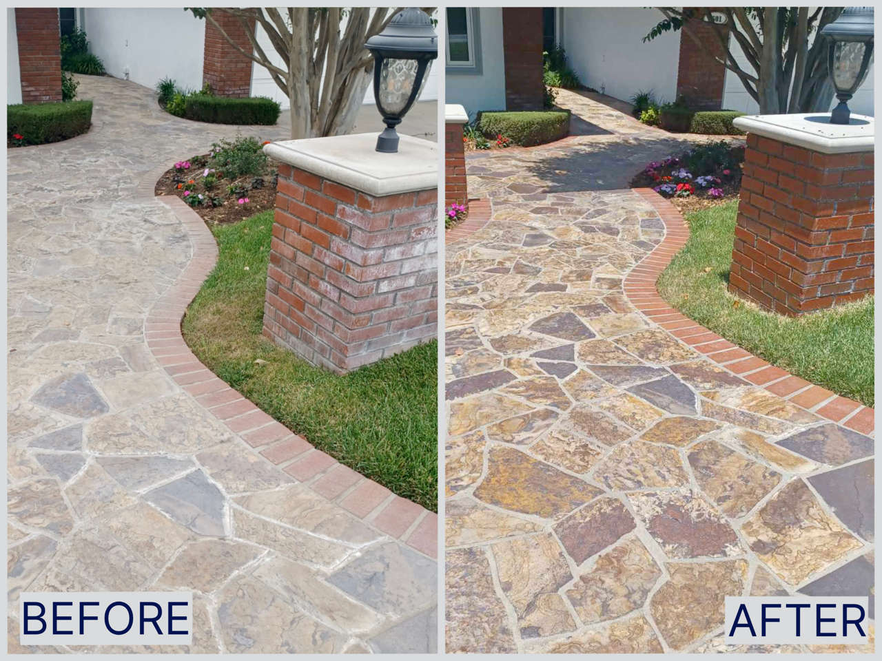 Side-by-side comparison of a stone walkway before and after cleaning or renovation. The 'Before' shows a lighter, faded stone surface, while the 'After' displays a darker, more vibrant and polished appearance with improved color and texture.