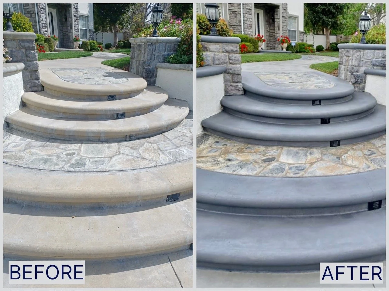 Side-by-side comparison of a set of outdoor stairs before and after renovation. The 'before' shows light-colored, textured concrete steps with visible surfaces and gaps. The 'after' displays the same stairs with a smooth, dark gray finish, appearing 