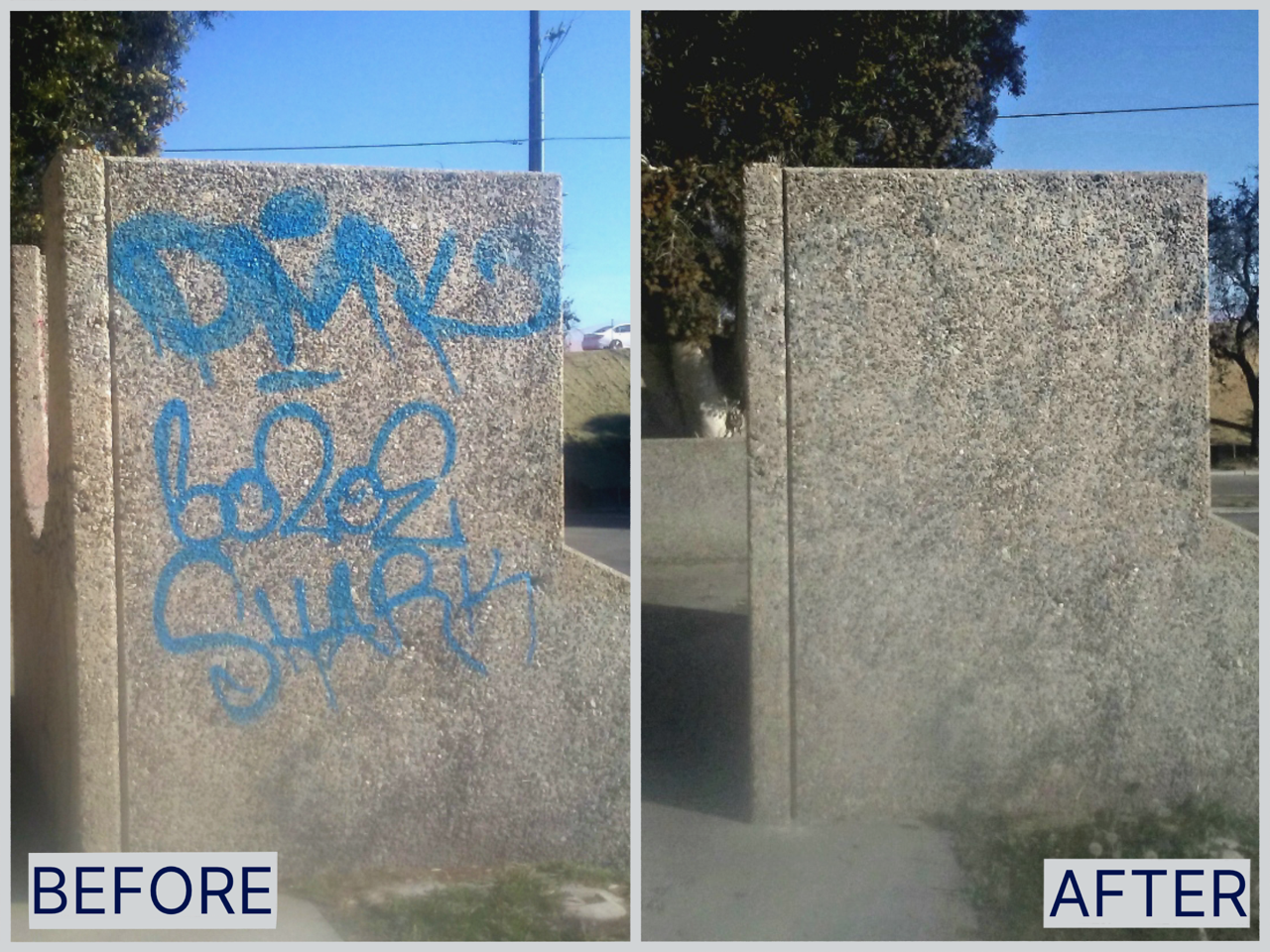 Comparison of a concrete wall with graffiti before and after cleaning. The left side shows blue spray-painted graffiti reading 'DIME 6202 SURF', the right side shows the wall clean.