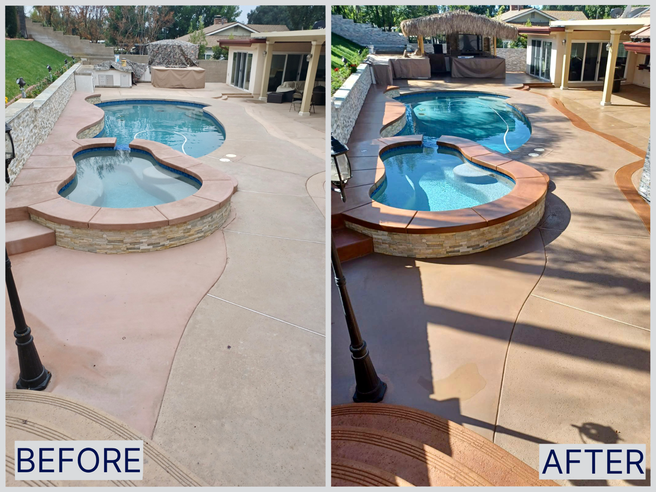 Side-by-side comparison of backyard pool area before and after renovation. The 'before' shows a pool with a concrete patio, while the 'after' features a cleaner, more polished pool with a new, more vibrant surface and enhanced landscaping.