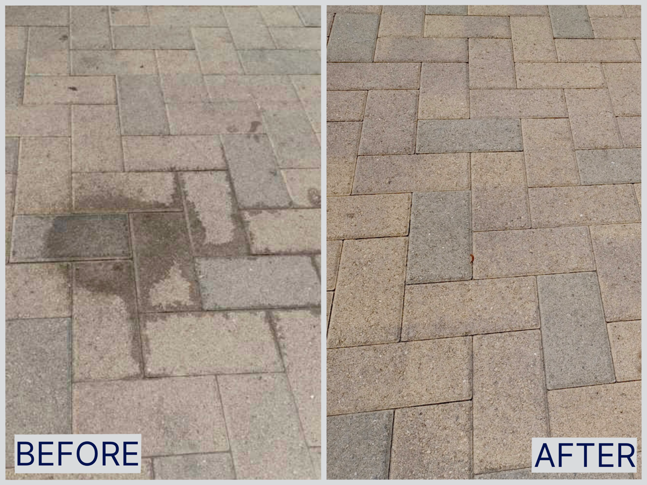 Side-by-side comparison of a brick sidewalk before and after cleaning. The 'before' side shows stain and dirt, while the 'after' side shows clean, uniformly colored bricks.