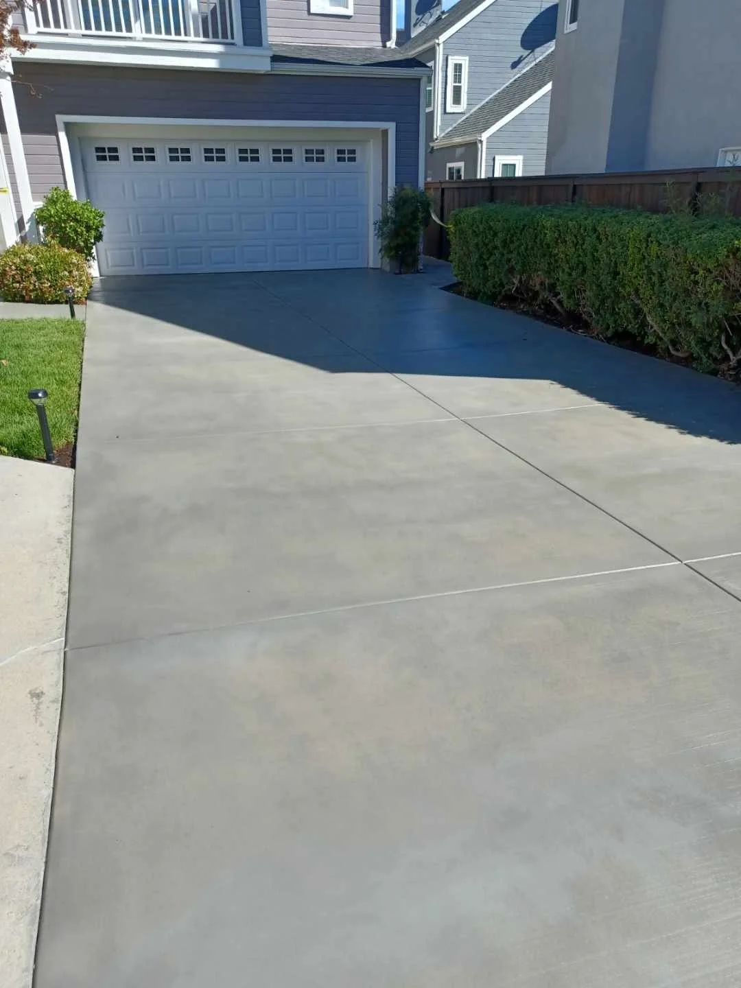Concrete driveway leading to a white garage door, bordered by green bushes and a small lawn section.