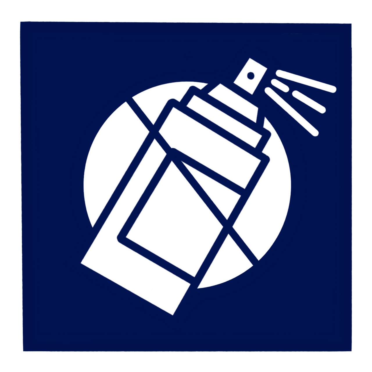 A blue sign with a black outline of a spray can indicating anti graffiti. 