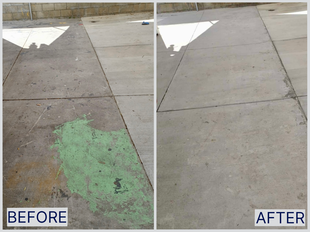 Comparison of a sidewalk showing a large green paint stain on the left side labeled 'BEFORE' and a clean sidewalk on the right side labeled 'AFTER'.