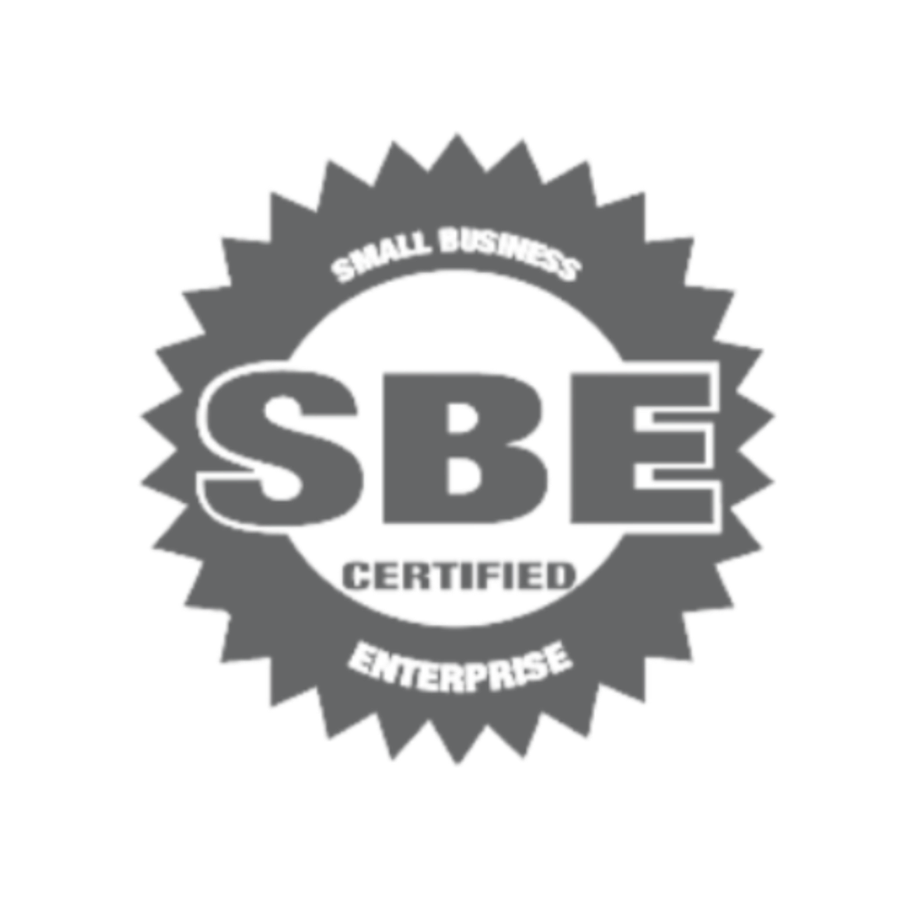 SBE certified badge with gray 3D text and a starburst shape