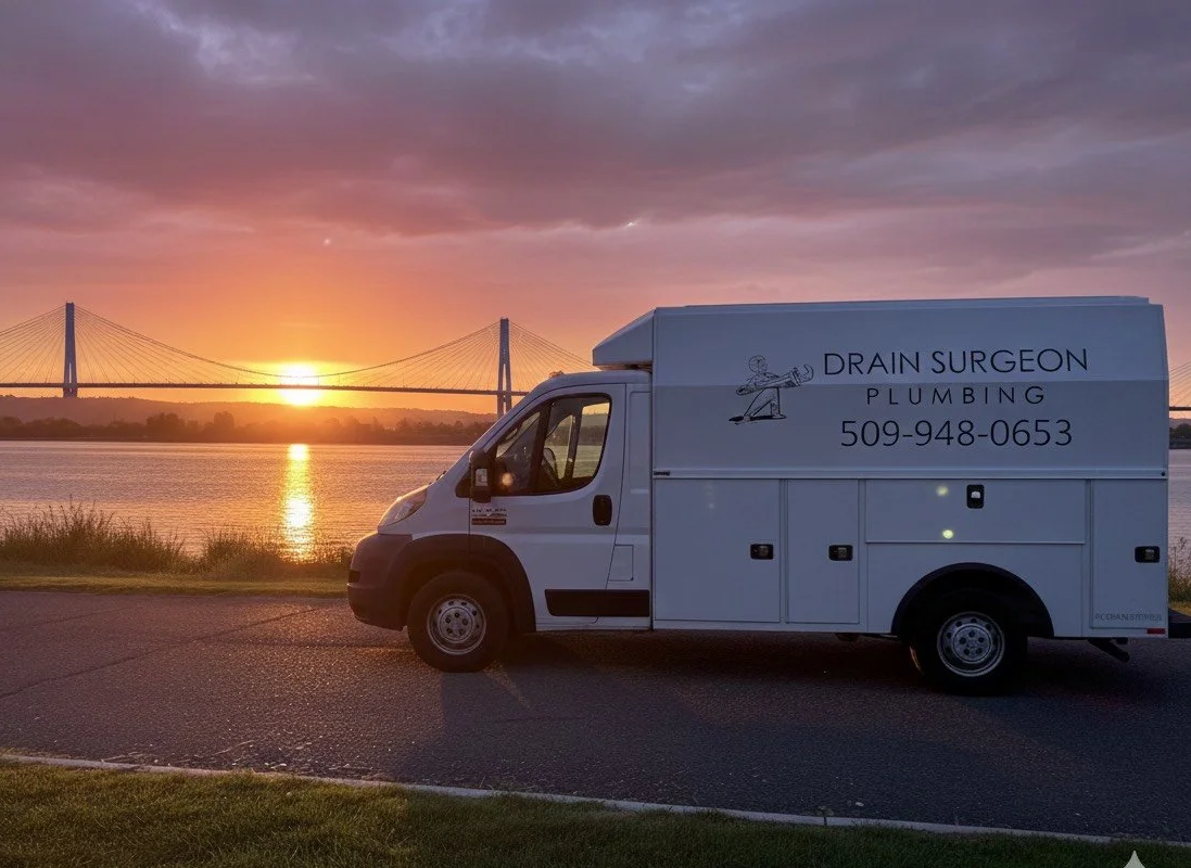 White plumbing service truck by a river at sunset, with a bridge in the background. The truck reads "Drain Surgeon Plumbing" and includes a phone number.