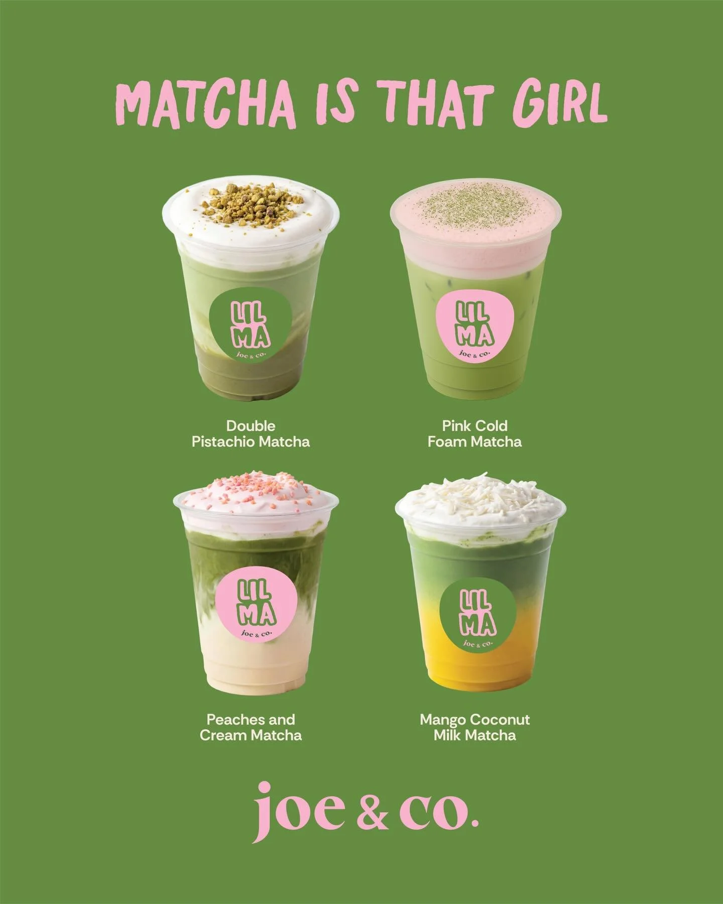Our Spring + Summer lineup:

🍵 Double Pistachio Matcha - rich, savoury pistachio layered with smooth matcha and finished with a delicate nutty crunch

🍓 Pink Cold Foam Matcha - she went viral for a reason, vibrant ceremonial matcha topped with our 