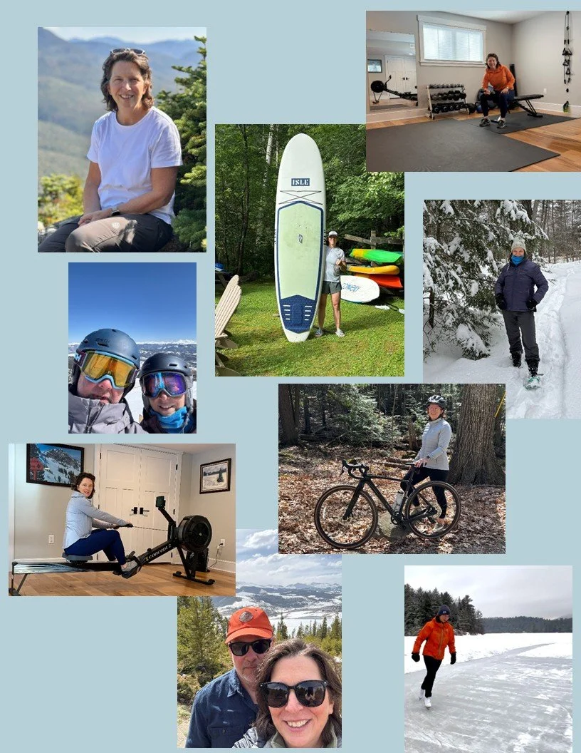 Collage of outdoor and indoor activities including a woman smiling outdoors, a person working out in a home gym, a woman holding a surfboard and standing near kayaks, people wearing snow gear in a snowy landscape, a woman on an indoor rowing machine, a woman with a bicycle in a wooded area, two people with helmets and goggles in the mountains, and a woman running on a snowy trail.
