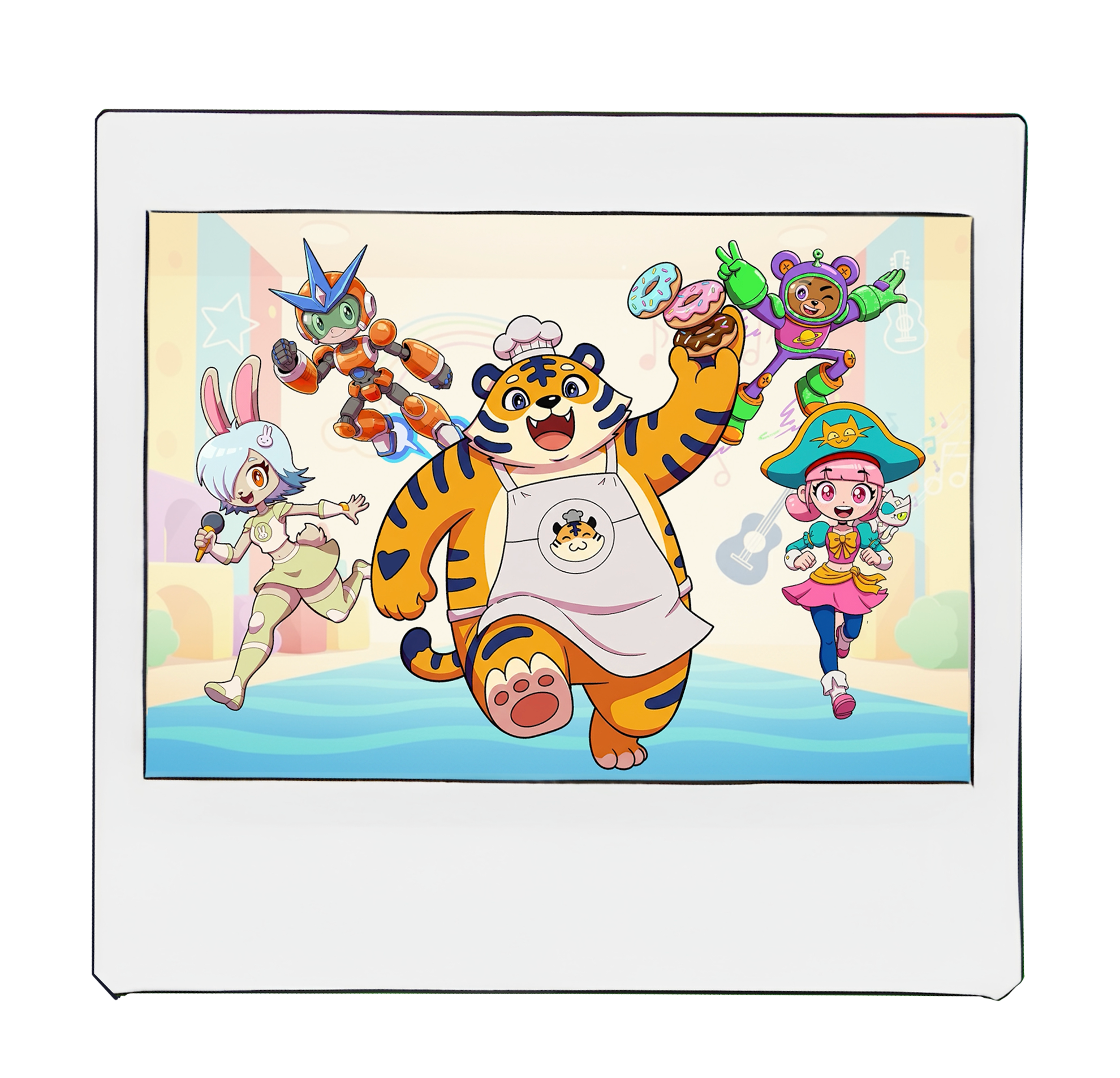 Animation of five colorful cartoon characters, including a tiger in an apron holding donuts, a bunny with a microphone, a robot with a sword, a bear with a hat, and a girl with pink hair dressed as a witch, running happily on a stage.