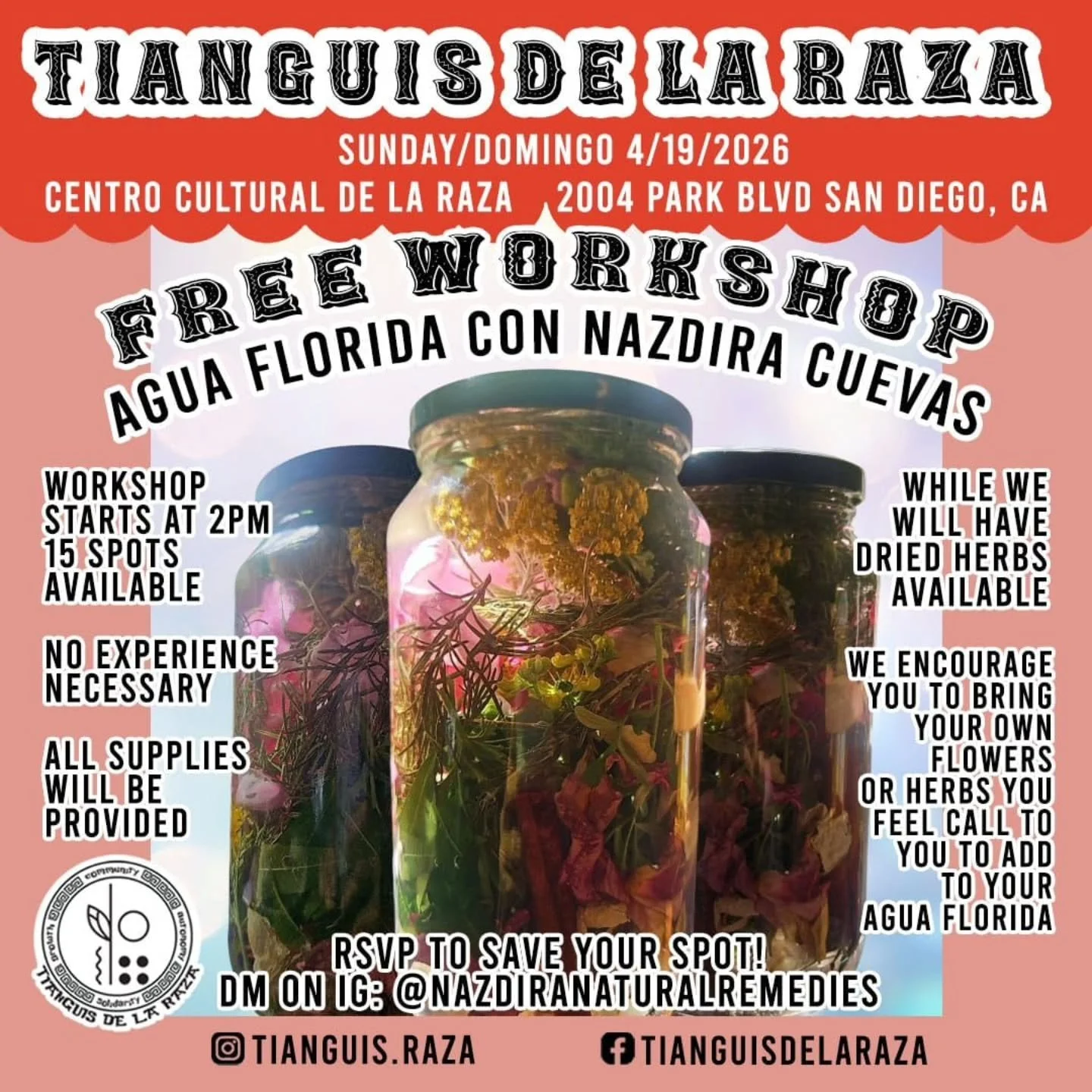 Greetings Community, 
I want to invite you to this month's 
Tianguis De La  Raza 
Sunday April 19th 12pm to 6pm
✨️💚✨️💚✨️💚✨️💚✨️💚✨️

I will be set up sharing all my Spring Herbal Remedies  alongside so many amazing vendors 
💕🌼💕🌼💕

If you were