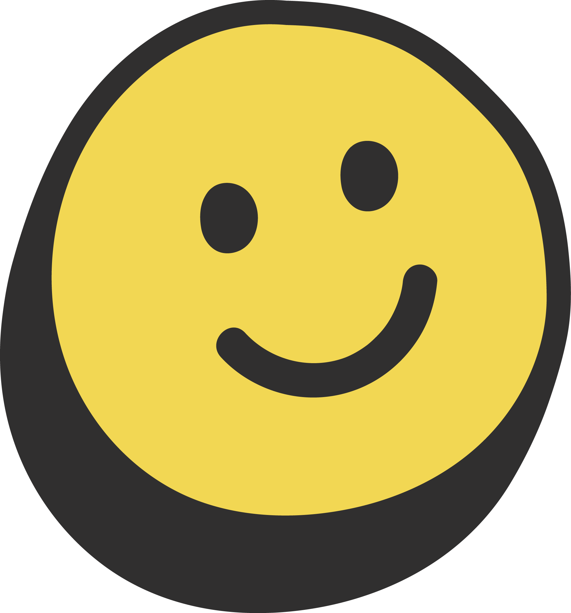A yellow smiley face with a black border, depicting a happy expression.